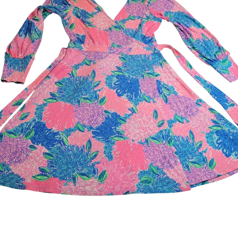 Lilly Pulitzer Wrap Dress Womens S Pink Blue Floral Long Sleeve Faux Wrap Jersey - Picture 16 of 16